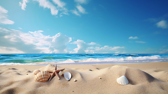 JPG 구름 편집이미지 바다 하늘 조개 불가사리 해변 사람없음 야외 여름 모래사장 조개껍데기 디지털합성 와이드컷 편집실사 AI포토 AI콘텐츠 자연요소 계절 어패류 극피동물 CG 파일형식