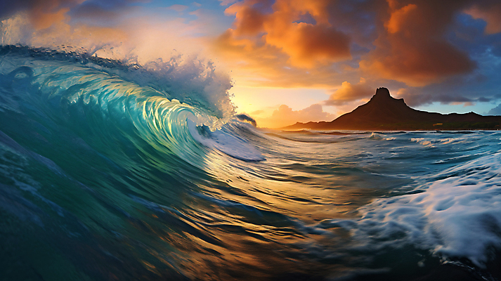 JPG 구름 편집이미지 파도 바다 섬 해변 사람없음 야외 여름 노을 일몰 디지털합성 편집실사 AI포토 AI콘텐츠 자연요소 계절 CG 파일형식