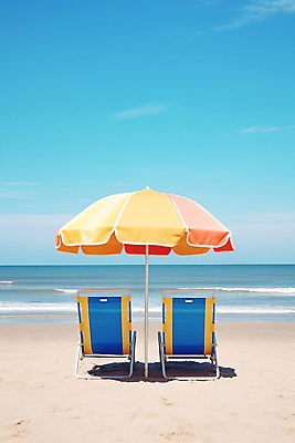 JPG 편집이미지 바다 의자 해변 사람없음 야외 여름 모래사장 파라솔 디지털합성 선베드 편집실사 AI포토 AI콘텐츠 계절 가구 CG 파일형식