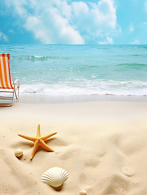 JPG 구름 편집이미지 바다 불가사리 해변 사람없음 야외 여름 모래사장 조개껍데기 디지털합성 선베드 편집실사 AI포토 AI콘텐츠 자연요소 계절 의자 조개 극피동물 CG 파일형식