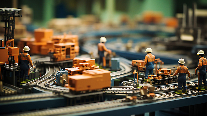 JPG 편집이미지 공장 노동자 사람없음 아웃포커스 기계 미니어처 작업 디지털합성 인물미니어처 미니 컨베어밸트 편집소스 편집실사 AI포토 AI콘텐츠 직업 공업 촬영기법 모형 CG 파일형식