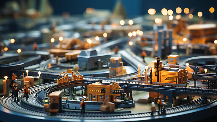 JPG 편집이미지 공장 노동자 사람없음 아웃포커스 미니어처 작업 디지털합성 보케 인물미니어처 빛망울 미니 컨베어밸트 편집소스 편집실사 AI포토 AI콘텐츠 직업 공업 촬영기법 빛 모형 기계 CG 파일형식