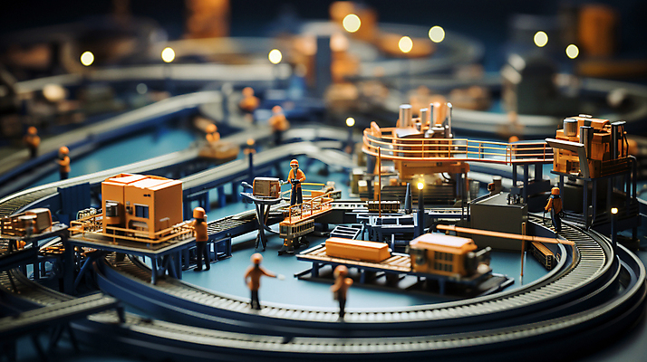 JPG 편집이미지 공장 노동자 사람없음 아웃포커스 미니어처 작업 디지털합성 인물미니어처 빛망울 미니 컨베어밸트 편집소스 편집실사 AI포토 AI콘텐츠 직업 공업 촬영기법 빛 모형 기계 CG 파일형식