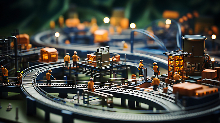 JPG 편집이미지 공장 노동자 사람없음 아웃포커스 미니어처 작업 디지털합성 보케 인물미니어처 미니 컨베어밸트 편집소스 편집실사 AI포토 AI콘텐츠 직업 공업 촬영기법 모형 기계 CG 파일형식