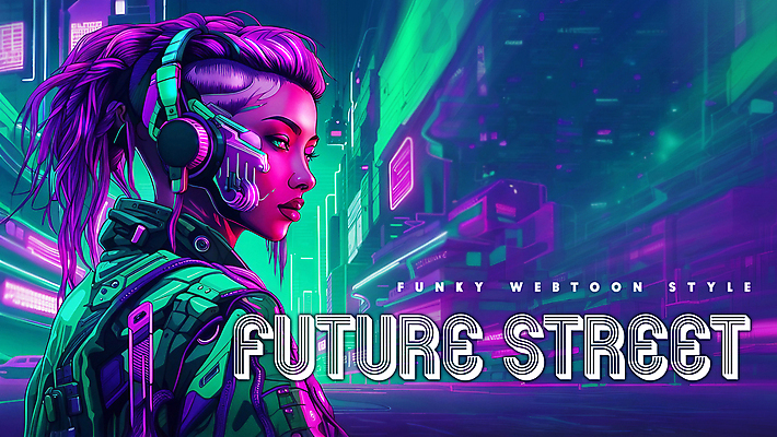 PSD 편집이미지 배너 여자 패션 미래 거리 한명 상반신 성인 타이포그라피 건물 초록색 컬러풀 보라색 어둠 네온 펑키 카툰스타일 첨단 성인여자한명만 인체공학 이미지편집 문자 1 건축물 컬러 과학 컨셉 사람 여자한명만 성인여자만 파일형식