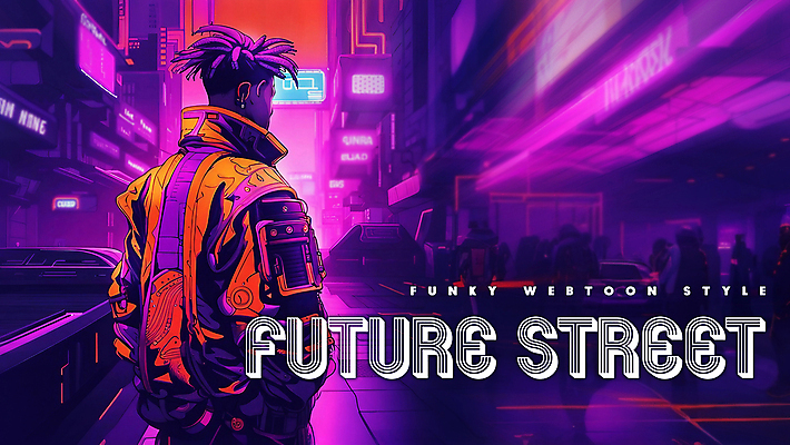 PSD 편집이미지 배너 패션 남자 미래 거리 한명 상반신 성인 타이포그라피 건물 컬러풀 보라색 주황색 어둠 만화 네온 펑키 카툰스타일 첨단 성인남자한명만 인체공학 이미지편집 문자 1 건축물 컬러 과학 컨셉 사람 남자한명만 성인남자만 파일형식