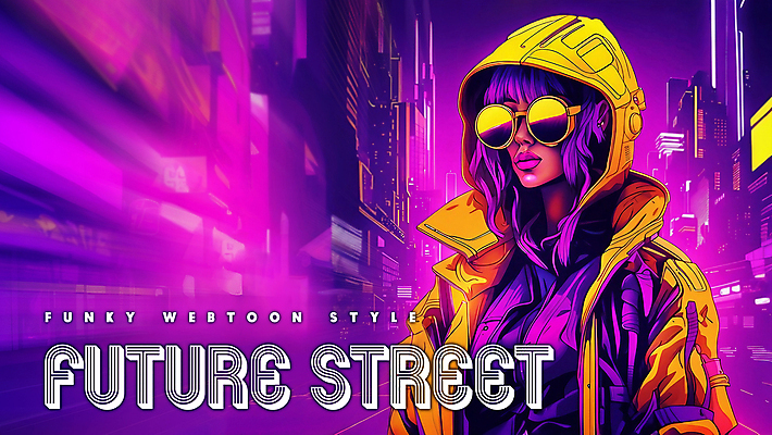 PSD 편집이미지 배너 여자 패션 미래 거리 한명 상반신 성인 타이포그라피 건물 컬러풀 선글라스 노란색 보라색 어둠 만화 네온 펑키 카툰스타일 첨단 성인여자한명만 인체공학 이미지편집 문자 1 건축물 안경 컬러 과학 컨셉 사람 여자한명만 성인여자만 파일형식