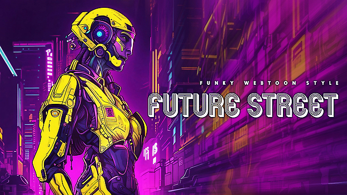 PSD 편집이미지 배너 패션 미래 거리 타이포그라피 사람없음 건물 컬러풀 노란색 보라색 어둠 만화 로봇 네온 펑키 안드로이드 카툰스타일 첨단 인체공학 이미지편집 문자 건축물 컬러 과학 컨셉 파일형식