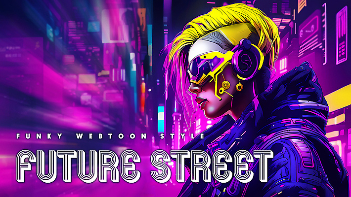 PSD 편집이미지 배너 여자 패션 미래 거리 한명 상반신 성인 타이포그라피 건물 컬러풀 노란색 보라색 어둠 만화 네온 펑키 카툰스타일 첨단 성인여자한명만 인체공학 이미지편집 문자 1 건축물 컬러 과학 컨셉 사람 여자한명만 성인여자만 파일형식