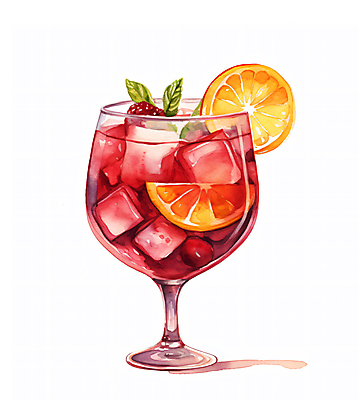 JPG 와인잔 오렌지 과일 일러스트 수채화 주류 사람없음 빨간색 와인 칵테일 산딸기 상그리아 국내일러스트 AI일러스트 AI콘텐츠 음료 컬러 술잔 파일형식
