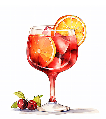 JPG 와인잔 오렌지 과일 일러스트 수채화 주류 사람없음 빨간색 와인 칵테일 베리 상그리아 국내일러스트 AI일러스트 AI콘텐츠 음료 컬러 술잔 파일형식