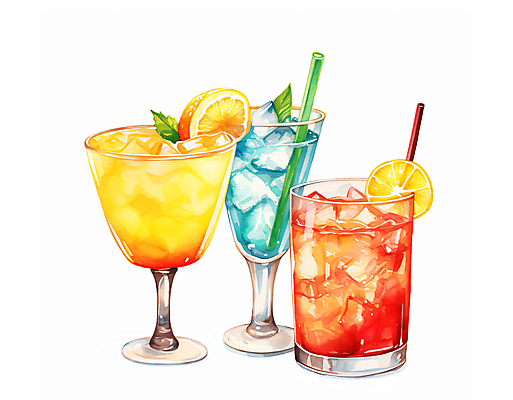 JPG 오렌지 일러스트 수채화 주류 빨대 사람없음 컬러풀 칵테일 레몬 칵테일잔 세잔 국내일러스트 AI일러스트 AI콘텐츠 음료 컬러 술잔 과일 3 파일형식
