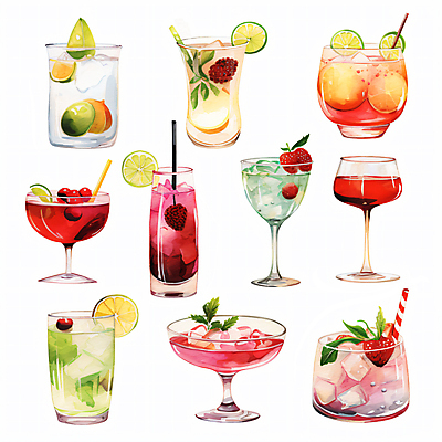 JPG 와인잔 오렌지 일러스트 딸기 수채화 주류 빨대 사람없음 세트 와인 여러개 칵테일 레몬 칵테일잔 라임 베리 국내일러스트 AI일러스트 AI콘텐츠 음료 다수 술잔 과일 파일형식