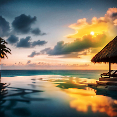 JPG 편집이미지 바다 하늘 야외수영장 수영장 풍경 해변 사람없음 야외 야자수 태양 노을 편집실사 AI포토 AI콘텐츠 자연요소 나무 CG 파일형식