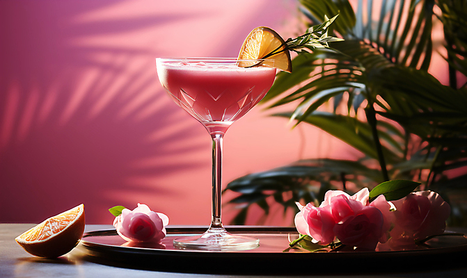 JPG 편집이미지 음료 분홍색 잎 그림자 사람없음 여름 칵테일 풀 디지털합성 편집소스 편집실사 AI포토 AI콘텐츠 식물 계절 컬러 주류 CG 파일형식