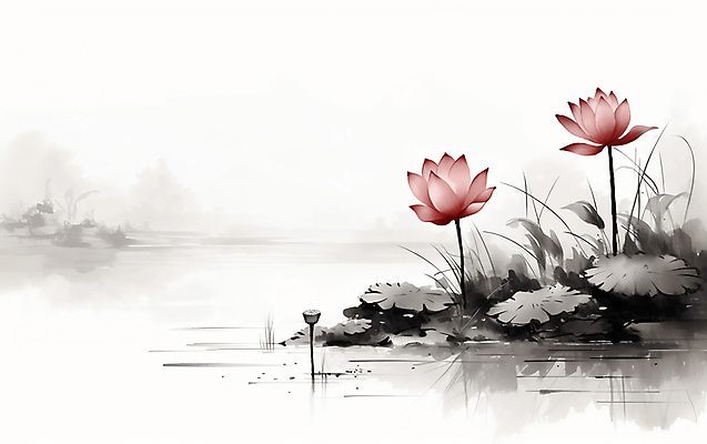 JPG 일러스트 자연 붓터치 연꽃 수묵화 풍경 사람없음 연못 풀 동양화 연잎 번짐 국내일러스트 AI일러스트 AI콘텐츠 식물 꽃 잎 미술 생태계 파일형식 효과
