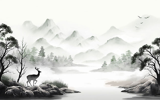 JPG 나무 여러마리 일러스트 자연 붓터치 사슴 산 수묵화 풍경 사람없음 동양화 번짐 새떼 국내일러스트 AI일러스트 AI콘텐츠 식물 다수 포유류 조류 미술 생태계 파일형식 효과