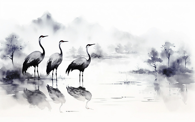 JPG 나무 일러스트 자연 붓터치 산 세마리 수묵화 풍경 사람없음 반사 학 물가 동양화 번짐 국내일러스트 AI일러스트 AI콘텐츠 식물 조류 3 미술 생태계 파일형식 효과