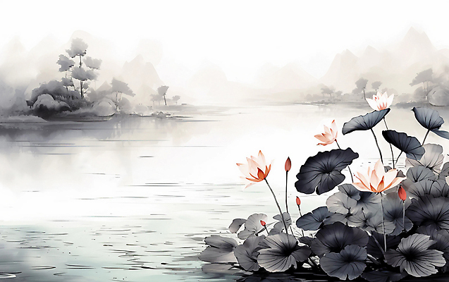 JPG 일러스트 자연 붓터치 연꽃 수묵화 풍경 사람없음 연못 동양화 연잎 번짐 국내일러스트 AI일러스트 AI콘텐츠 꽃 잎 미술 생태계 파일형식 효과
