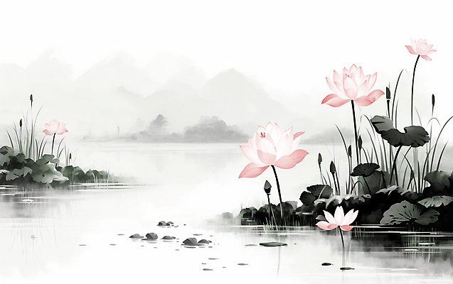 JPG 일러스트 자연 붓터치 산 연꽃 수묵화 풍경 사람없음 연못 동양화 연잎 번짐 국내일러스트 AI일러스트 AI콘텐츠 꽃 잎 미술 생태계 파일형식 효과
