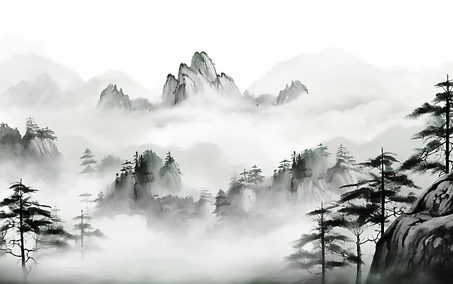 JPG 나무 일러스트 자연 붓터치 산 수묵화 풍경 사람없음 안개 동양화 번짐 국내일러스트 AI일러스트 AI콘텐츠 식물 날씨 미술 생태계 파일형식 효과