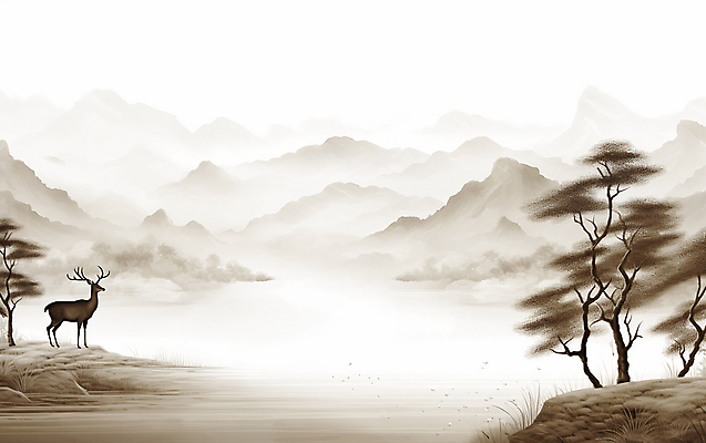 JPG 나무 한마리 일러스트 자연 붓터치 사슴 산 수묵화 풍경 사람없음 갈색 동양화 번짐 국내일러스트 AI일러스트 AI콘텐츠 식물 1 컬러 포유류 미술 생태계 파일형식 효과