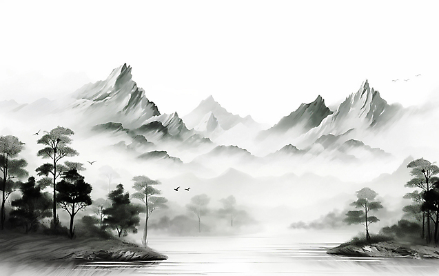JPG 나무 일러스트 자연 조류 붓터치 산 수묵화 풍경 사람없음 강 동양화 번짐 산수화 국내일러스트 AI일러스트 AI콘텐츠 식물 동물 미술 생태계 파일형식 효과