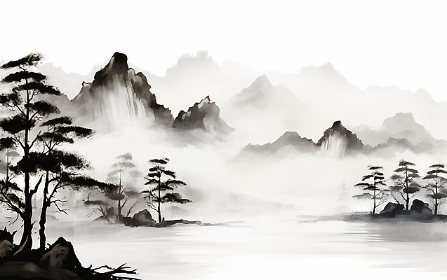 JPG 나무 일러스트 자연 붓터치 산 수묵화 풍경 사람없음 강 안개 소나무 동양화 번짐 산수화 국내일러스트 AI일러스트 AI콘텐츠 식물 날씨 미술 생태계 파일형식 효과