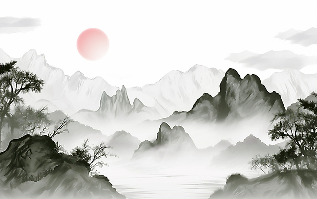 JPG 나무 구름 일러스트 자연 붓터치 산 수묵화 풍경 사람없음 태양 일출 안개 동양화 번짐 산수화 국내일러스트 AI일러스트 AI콘텐츠 자연요소 식물 날씨 미술 노을 생태계 파일형식 효과