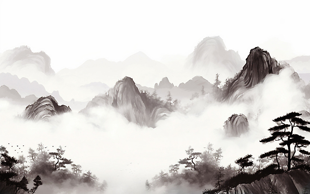 JPG 나무 일러스트 자연 붓터치 산 수묵화 풍경 사람없음 안개 동양화 번짐 국내일러스트 AI일러스트 AI콘텐츠 식물 날씨 미술 생태계 파일형식 효과