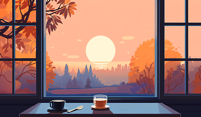 JPG 나무 단풍 일러스트 창문 탁자 하늘 단풍나무 풍경 사람없음 태양 가을풍경 주황색 일몰 카페 가을 커피잔 찻잔 티스푼 창틀 창밖 국내일러스트 AI일러스트 AI콘텐츠 자연요소 식물 계절 커피 컬러 가구 잎 잔 노을 상점 숟가락 파일형식 가을_계절