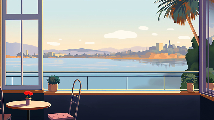 JPG 나무 구름 꽃 화분 바다 의자 일러스트 난간 탁자 하늘 산 풍경 사람없음 건물 야자수 마을 꽃병 카페 도시 창틀 창밖 국내일러스트 AI일러스트 AI콘텐츠 자연요소 식물 건축물 가구 창문 상점 파일형식