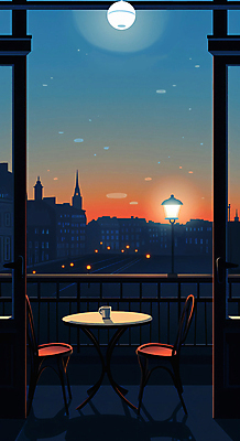 JPG 가로등 의자 일러스트 난간 탁자 하늘 조명 풍경 사람없음 건물 빛 마을 어둠 일몰 카페 도시 저녁 창틀 창밖 국내일러스트 AI일러스트 AI콘텐츠 건축물 공공시설 가구 창문 노을 상점 야간 파일형식
