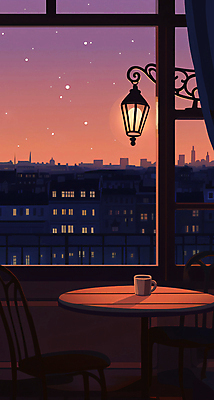 JPG 별 야경 의자 일러스트 탁자 조명 사람없음 건물 빛 일몰 카페 머그컵 도시 커튼 저녁 창틀 창밖 국내일러스트 AI일러스트 AI콘텐츠 자연요소 건축물 가구 창문 컵 노을 상점 야간 파일형식 풍경_경치