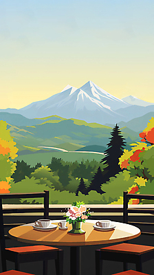 JPG 나무 꽃 커피 단풍 의자 일러스트 자연 탁자 하늘 산 풍경 사람없음 꽃병 카페 커피잔 찻잔 창밖 국내일러스트 AI일러스트 AI콘텐츠 식물 음료 가구 잎 창문 잔 상점 생태계 파일형식