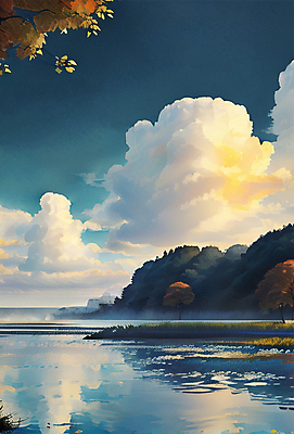 JPG 나무 구름 일러스트 자연 하늘 단풍나무 나뭇잎 풍경 사람없음 강 반사 가을풍경 가을 뭉게구름 국내일러스트 AI일러스트 AI콘텐츠 자연요소 식물 계절 단풍 잎 생태계 파일형식 가을_계절 구름_자연