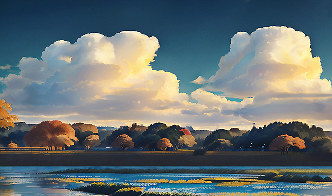 JPG 나무 구름 일러스트 자연 하늘 단풍나무 풍경 사람없음 강 가을풍경 가을 뭉게구름 국내일러스트 AI일러스트 AI콘텐츠 자연요소 식물 계절 단풍 생태계 파일형식 가을_계절 구름_자연