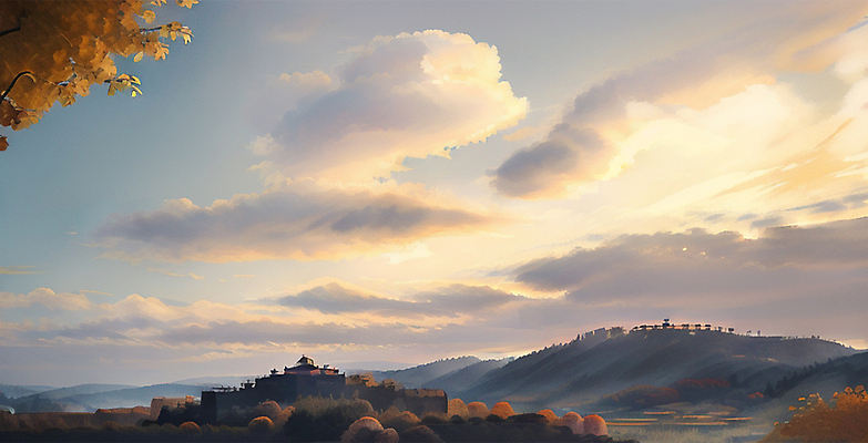 JPG 나무 구름 단풍 일러스트 자연 하늘 산 풍경 사람없음 건물 가을풍경 일몰 가을 국내일러스트 AI일러스트 AI콘텐츠 자연요소 식물 건축물 계절 잎 노을 생태계 파일형식 가을_계절