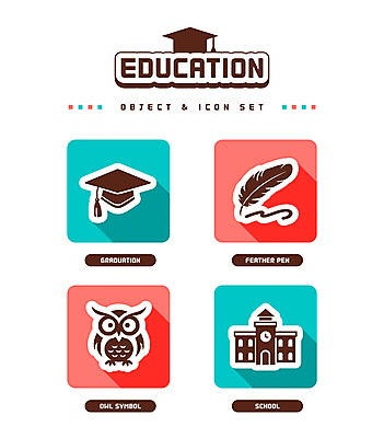 아이콘 교육 학사모 학교 사람없음 건물 빨간색 사각형 오브젝트 청록색 부엉이 깃털펜 깃펜 2D아이콘 AI파일 도형 모자_잡화 건축물 컬러 졸업 조류 펜 파일형식 벡터