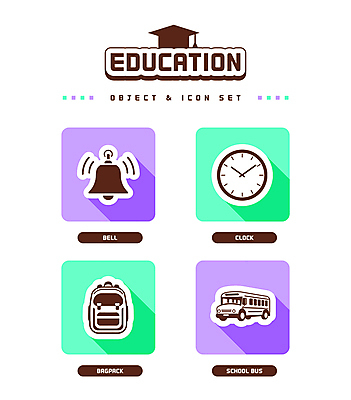 아이콘 교육 시계 사람없음 연두색 사각형 보라색 종 스쿨버스 알림 오브젝트 백팩 2D아이콘 AI파일 도형 컬러 가방 버스 초록색 파일형식 벡터
