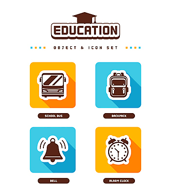 아이콘 교육 하늘색 사람없음 노란색 사각형 자명종 종 스쿨버스 알림 오브젝트 탁상시계 백팩 2D아이콘 AI파일 도형 시계 컬러 가방 버스 파란색 알람 파일형식 벡터
