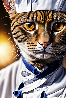 JPG 편집이미지 한마리 의인화 사람없음 요리사 고양이 신비 조리복 디지털합성 동물라이프 편집실사 AI컴퓨터그래픽 AI콘텐츠 동물 직업 1 라이프스타일 컨셉 유니폼 포유류 반려동물 CG 파일형식