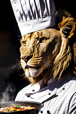 JPG 편집이미지 한마리 음식 서양음식 의인화 사람없음 요리사 연기 사자 신비 조리복 디지털합성 동물라이프 편집실사 AI컴퓨터그래픽 AI콘텐츠 동물 직업 1 라이프스타일 컨셉 유니폼 포유류 CG 파일형식