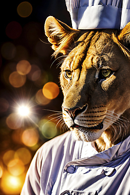 JPG 편집이미지 한마리 의인화 사람없음 빛 요리사 사자 신비 조리복 디지털합성 보케 동물라이프 편집실사 AI컴퓨터그래픽 AI콘텐츠 동물 직업 1 라이프스타일 컨셉 유니폼 포유류 CG 파일형식