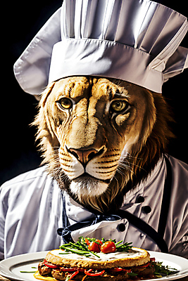 JPG 편집이미지 한마리 음식 서양음식 의인화 사람없음 요리사 사자 신비 조리복 디지털합성 동물라이프 편집실사 AI컴퓨터그래픽 AI콘텐츠 동물 직업 1 라이프스타일 컨셉 유니폼 포유류 CG 파일형식