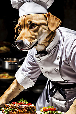 JPG 편집이미지 한마리 음식 서양음식 의인화 사람없음 요리사 리트리버 신비 조리복 디지털합성 동물라이프 편집실사 AI컴퓨터그래픽 AI콘텐츠 동물 직업 1 라이프스타일 컨셉 유니폼 개 CG 파일형식