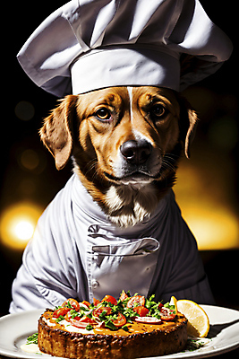 JPG 편집이미지 한마리 음식 서양음식 의인화 사람없음 요리사 리트리버 신비 조리복 디지털합성 동물라이프 편집실사 AI컴퓨터그래픽 AI콘텐츠 동물 직업 1 라이프스타일 컨셉 유니폼 개 CG 파일형식