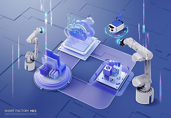 PSD 편집이미지 공장 사람없음 파란색 스마트 로봇 분석 폴더 클라우드서비스 물류 아이소메트릭 로봇팔 자동화 자동화기기 홀로그램 AI_인공지능 이미지편집 컬러 컨셉 공업 기계 서비스 파일 파일형식
