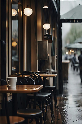 JPG 편집이미지 의자 탁자 조명 거리 풍경 사람없음 건물 공간 카페 머그컵 발코니 비 블러효과 카페테라스 편집실사 AI포토 AI콘텐츠 자연요소 건축물 가구 날씨 컵 상점 CG 블러 파일형식 효과