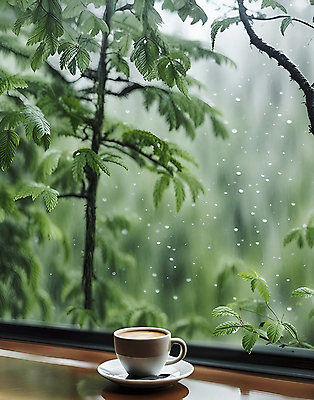 JPG 나무 편집이미지 창문 나뭇잎 풍경 사람없음 초록색 인테리어 카페 커피잔 빗방울 창밖 카페테라스 편집실사 AI포토 AI콘텐츠 식물 디자인 커피 컬러 잎 잔 상점 비_날씨 CG 파일형식